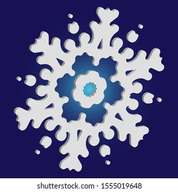 Cute snowflake with shadow on blue background. Vector illustration - overlay. Colorful concept with expressive forms and colors. White nice 3d snow flake, carved silhouette. New year ornament.