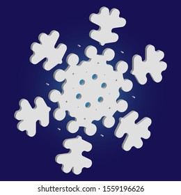 Cute snowflake with shadow on blue background. Cool concept with expressive forms and colors. Vector illustration - frame. White nice 3d snow flake, carved silhouette. New year ornament.