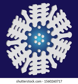 Cute snowflake with shadow on blue background. Cool concept with expressive forms and colors. Vector illustration - frame. White nice 3d snow flake, carved silhouette. New year ornament.