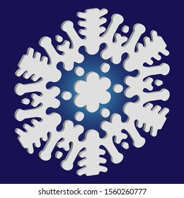 Cute snowflake with shadow on blue background. Magic concept with expressive forms and colors. Vector illustration - texture. White nice 3d snow flake, carved silhouette. New year ornament.