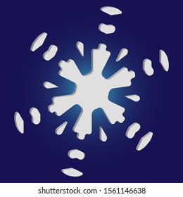 Cute snowflake with shadow on blue background. Vector illustration - shape. Clean concept with expressive forms and colors. White nice 3d snow flake, carved silhouette. New year ornament.