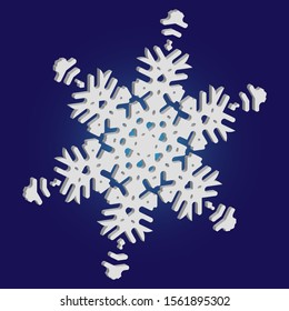Cute snowflake with shadow on blue background. Vector illustration - texture. Magic concept with expressive forms and colors. White nice 3d snow flake, carved silhouette. New year ornament.