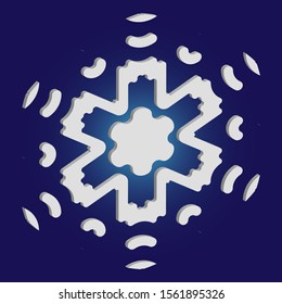 Cute snowflake with shadow on blue background. Vector illustration - texture. Colorful concept with expressive forms and colors. White nice 3d snow flake, carved silhouette. New year ornament.