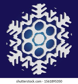 Cute snowflake with shadow on blue background. Effective concept with expressive forms and colors. Vector illustration - graphics. White nice 3d snow flake, carved silhouette. New year ornament.