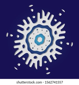 Cute snowflake with shadow on blue background. Vector illustration - graphics. Creative concept with expressive forms and colors. White nice 3d snow flake, carved silhouette. New year ornament.