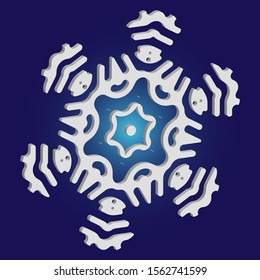 Cute snowflake with shadow on blue background. Vector illustration - overlay. Magic concept with expressive forms and colors. White nice 3d snow flake, carved silhouette. New year ornament.