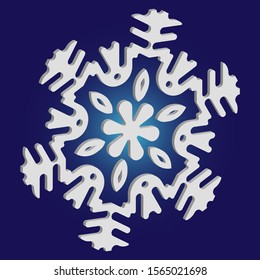 Cute snowflake with shadow on blue background. Vector illustration - template. Colorful concept with expressive forms and colors. White nice 3d snow flake, carved silhouette. New year ornament.
