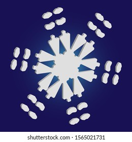 Cute snowflake with shadow on blue background. Effective concept with expressive forms and colors. Vector illustration - decoration. White nice 3d snow flake, carved silhouette. New year ornament.