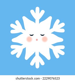 Cute snowflake. Sleeping winter character. Isolated element on a blue background.