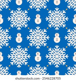 Lindo copo de nieve y muñeco de nieve con punto de oro en la esquina del copo de nieve sobre fondo azul. Modelo inconsútil para el papel de embalaje, empaquetado en Navidades.