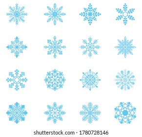 Colección de copos de nieve finos aislados.  Iconos de nieve plana, silueta para la pancarta de Navidad