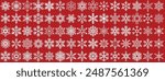 Cute snowflakes collection isolated on red background. Flat snow icons, silhouette. Nice element for Christmas banner, cards. New year ornament. Snowflakes icons. White Snowflake icon set.