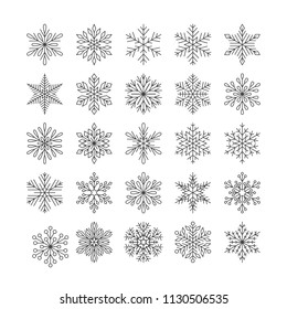 Cute snowflakes collection isolated on white background. Flat snow icons, snow flakes silhouette. Nice element for christmas banner, cards. New year ornament. Organic geometric snowflake set.