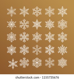 Cute Snowflakes Collection Isolated On Gold Background. Flat Line Snow Icons, Snow Flakes Silhouette. Nice Element For Christmas Banner, Cards. New Year Ornament.