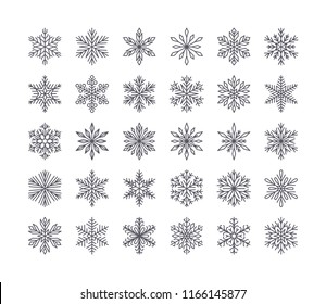 Colección de copos de nieve sin fondo blanco. Iconos de nieve de línea plana, silueta de copos de nieve. Buen elemento para banner de Navidad, tarjetas. Ornamento de Año Nuevo.