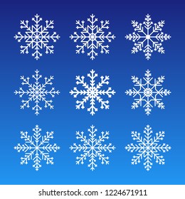 Cute snowflakes collection isolated on dark background. Flat snow icons silhouette. Nice element for christmas banner, cards. New year ornament.