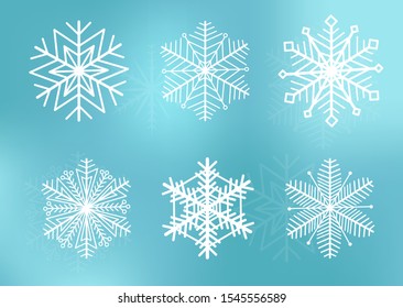 Cute snowflakes collection isolated on blue background. Snow flakes. Snow element for christmas banner, cards. New year ornament.