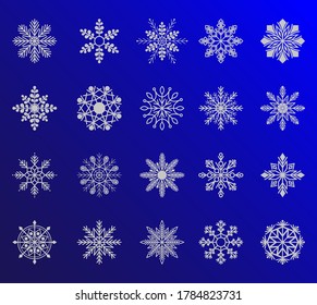Colección de copos de nieve recortados aislados en el fondo del degradado. La navidad azul invernal llama el elemento cristal. Colección de hielo de ilustración meteorológica.