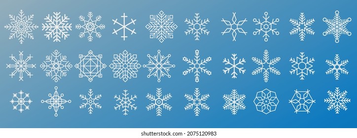 Cute snowflakes collection isolated on gradient background. Flat line snow icons, snow flakes silhouette. Nice element for christmas banner, cards. New year ornament.