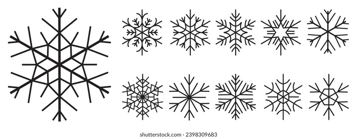 Cute snowflakes collection isolated on white background. Flat snow icons, silhouette. Nice element for Christmas banner, cards. New year ornament