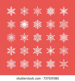 Cute snowflakes collection isolated on red background. Flat snow icons, silhouette. Nice element for christmas banner, cards. 
