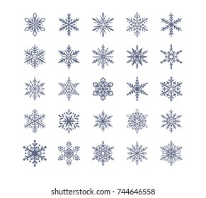 Cute snowflakes collection isolated on white background. Flat snow icons, silhouette. Nice element for christmas banner, cards.