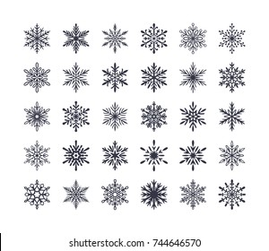 Cute snowflakes collection isolated on white background. Flat snow icons, silhouette. Nice element for Christmas banner, cards. New year ornament.