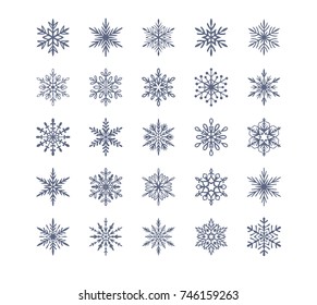 Cute Schneeflocken-Kollektion einzeln auf weißem Hintergrund. Flachschneesymbole. Nettes Element für Weihnachtsbanner, Neue Jahreskarten.