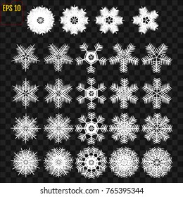 Cute snowflakes collection isolated on transparent background. Flat snow icons, silhouette. Nice element for Christmas banner, cards. New year ornament.