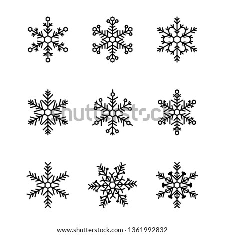 Cute snowflakes collection isolated on white background. Flat design line snow icons, silhouette.Vector element set for Christmas banner, card,Xmas designs, winter weather concepts. New year ornament.