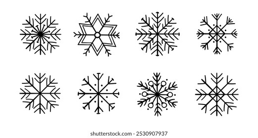 Lindos copos de nieve en el estilo doodle. Elementos de Vector para tarjetas de Navidad.
