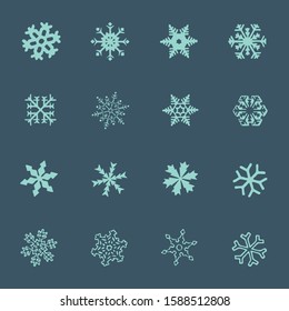 Cute snowflakes set isolated on white background. Flat snow icons, silhouette. Nice element for Christmas banner, cards. New year ornament.