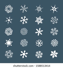 Cute snowflakes set isolated on white background. Flat snow icons, silhouette. Nice element for Christmas banner, cards. New year ornament.