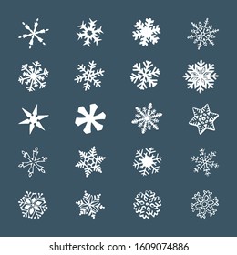 Cute snowflakes set isolated on white background. Flat snow icons, silhouette. Nice element for Christmas banner, cards. New year ornament.