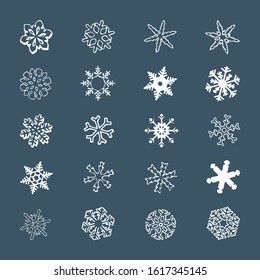 Cute snowflakes set isolated on white background. Flat snow icons, silhouette. Nice element for Christmas banner, cards. New year ornament.