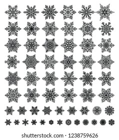 Cute snowflakes various types collection isolated on white background. Flat line snow icons, snow flakes silhouette. Nice element for christmas banner, cards. New year ornament