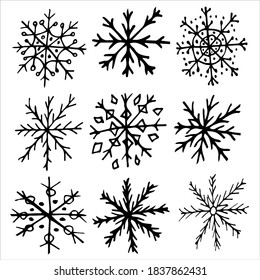 Juego de vectores de copos de nieve. Decoración navideña de copos de nieve. Pintura de dibujos a mano aislada en fondo blanco. Diseño para la decoración, papel envolvente, tarjetas de regalo.
