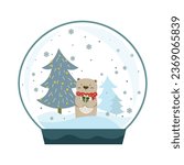 Cute snowglobe of little bear holding green box gift over pine tree with snowflake background. Vector illustration on white background for Merry Christmas concept