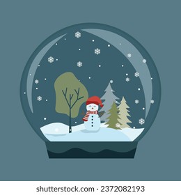 Cute snowglobe of snowman over pine tree with snowflake background. Vector illustration for Merry Christmas concept