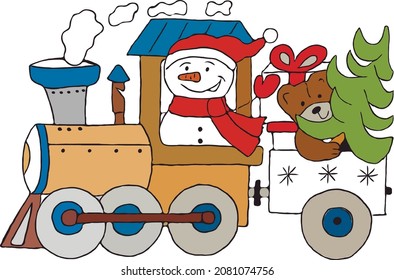 Cute snowman and bear riding Christmas train. Winter holiday clip art. Train carrying presents and christmas tree. Flat vector illustration.