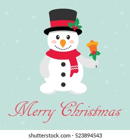 cute snowman with a bell and text