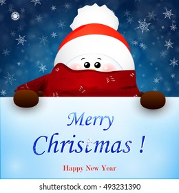 Cute Snowman with big signboard text Merry Christmas and Happy new year, falling snow, snowflakes. Vector cartoon illustration.