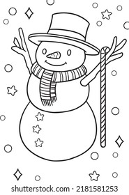 A cute snowman with a big smile and a scarf wearing a top hat and a cane on a snowy, starry background as coloring page. A fun coloring activity for the whole family.
