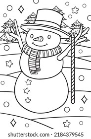 A cute snowman with a big smile and a 
scarf wearing a top hat and a cane on a snowy, starry background and pine trees as coloring page. A fun coloring activity for the whole family.