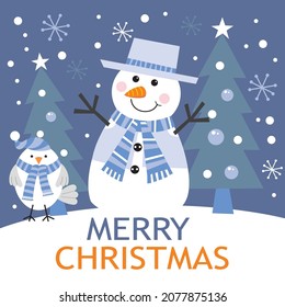 Cute snowman and bird for christmas card, gift bag or box design