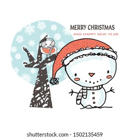 Cute Snowman and bird in snowflake tree vector illustration. Hand drawn snowman cartoon character design suitable for greeting cards and various holiday season projects.