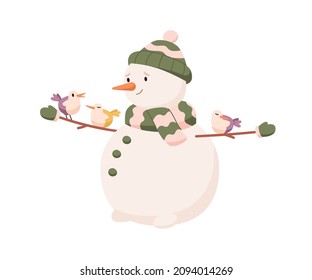 Cute snowman with birds on twig arms. Winter holiday snowy character with happy face. Traditional snow man in warm hat, scarf and mittens. Flat vector illustration isolated on white background