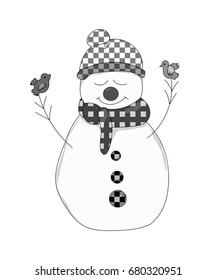 Cute snowman with birds. sketch vector illustration