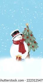 Cute snowman with black hat and red scarf costume is standing with Christmas tree, red Christmas lights and gift boxes on the snow. Falling snow. Hand drawn watercolor image.