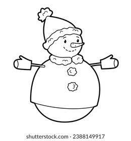 Cute snowman. Black white outline illustration. Suitable for anti-stress and children's coloring books